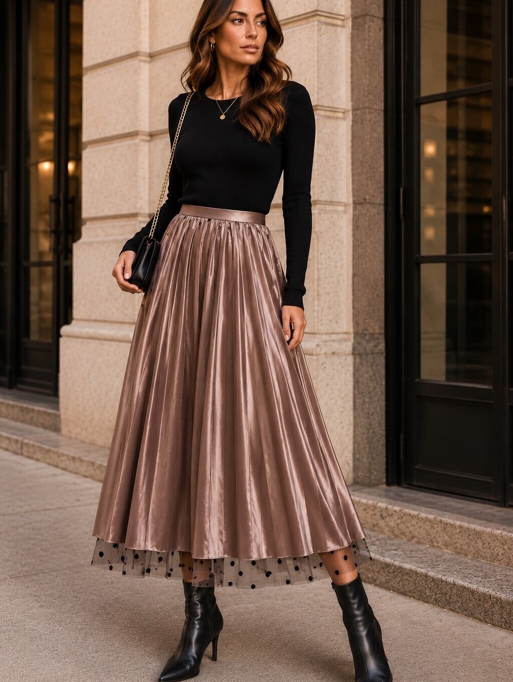 NWT Euro Polka Dot Mesh Reversible Pleated A-Line Midi Skirt Satin Two-Way Wear - Picture 2 of 10